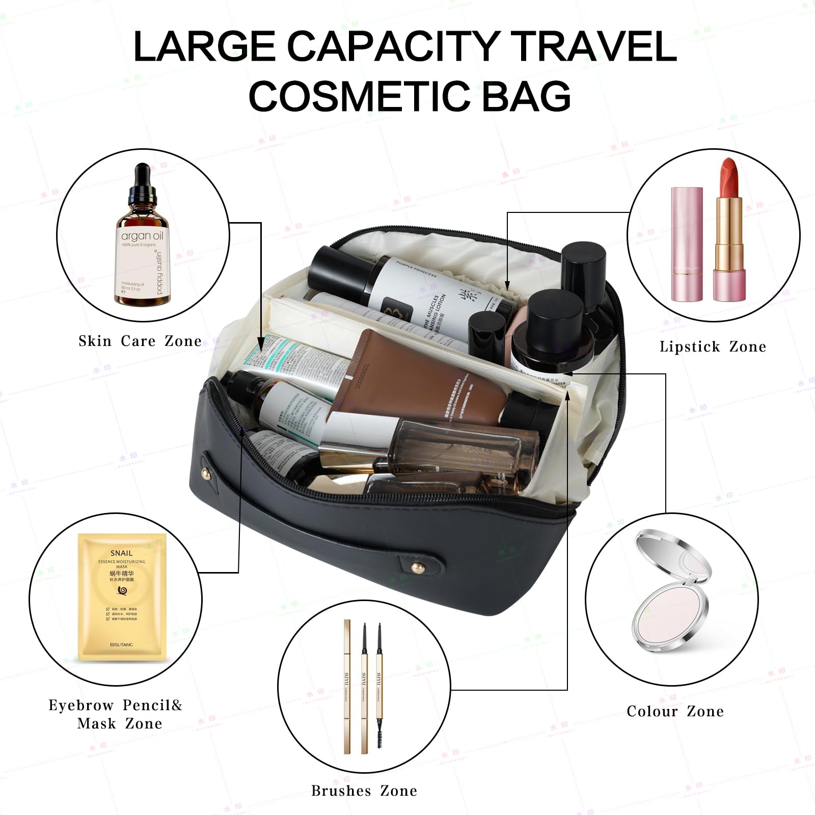 Makeup Bag Travel Cosmetic Bags with Brush Compartment Largeportable Cosmetic Bag with Handle Waterproof Pu Leather Toiletry Bag for Women Girl Travel Essentials - Image 3