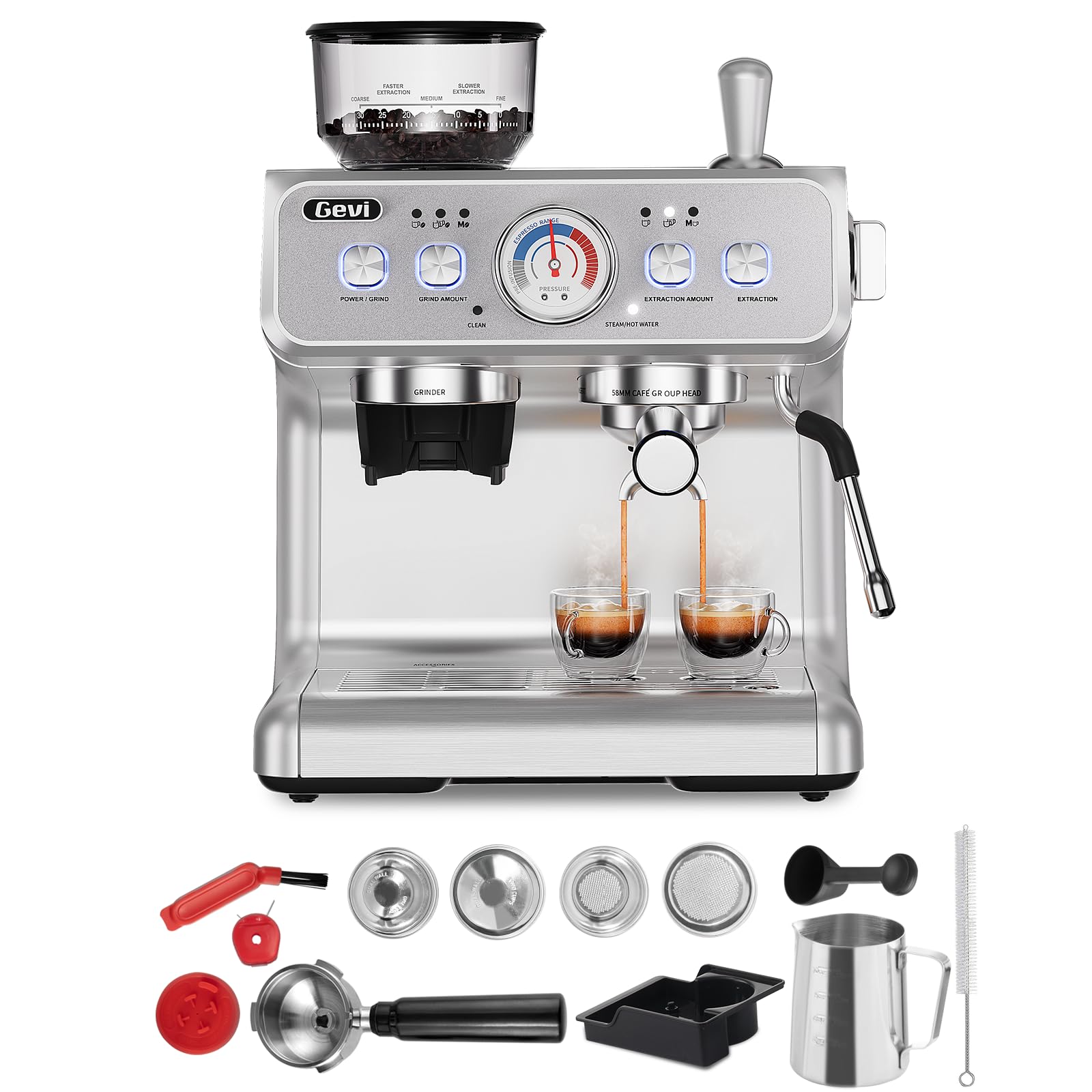 Gevi 2025 Upgrade Siebträger Kaffeemaschine mit Integrierter Kaffeemühle，Dual Boiler Professionelle Espressomaschine，30 Mahlgrade, 20 Bar, 2.8L Wassertank, Edelstahl Barista Kaffeemaschine