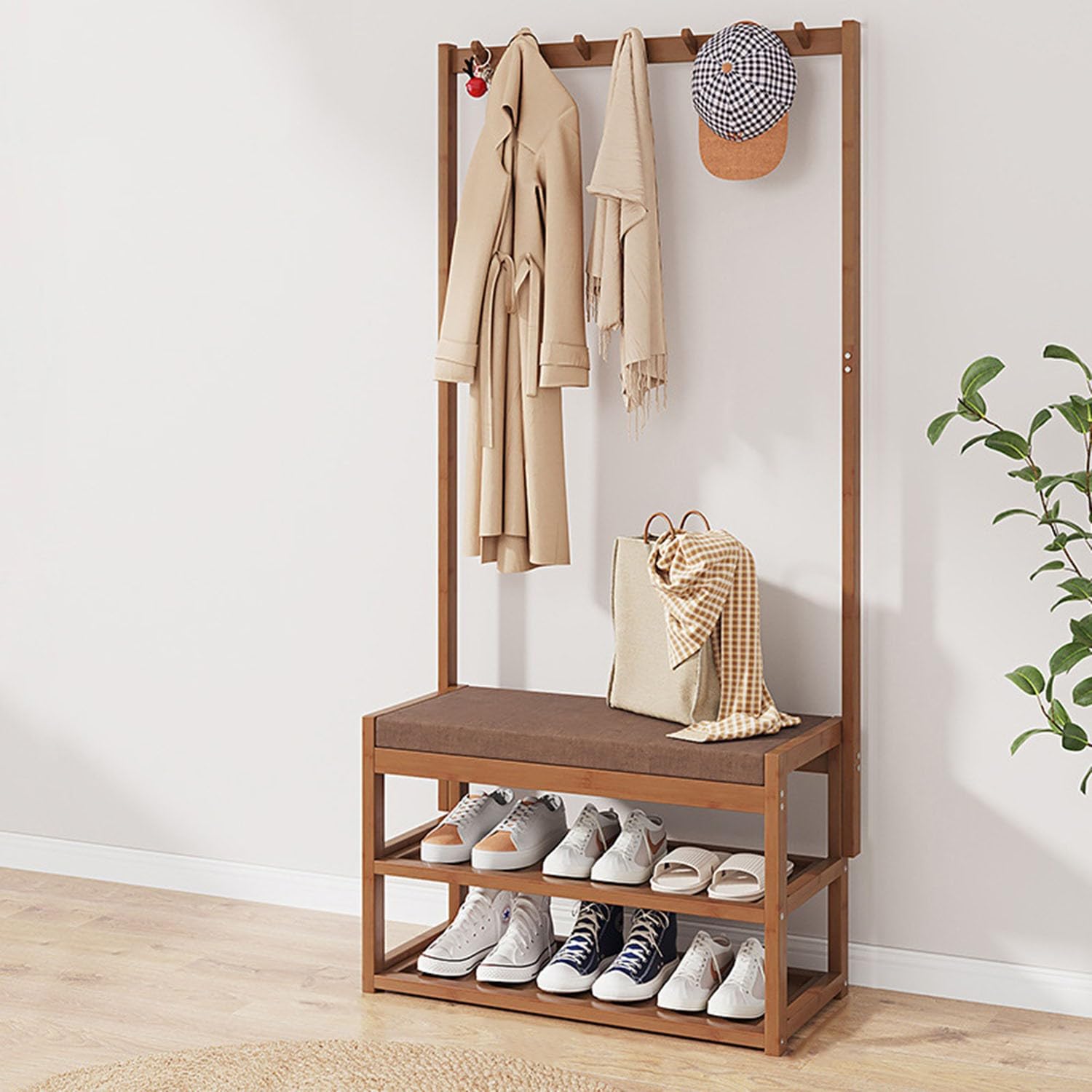 Porte-manteau industriel en bambou meuble d'entrée avec banc et étagère à chaussures