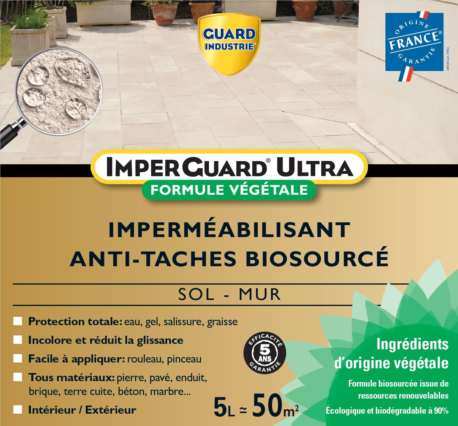 ImperGuard Ultra Fórmula Vegetal - Impermeabilizante Súper Antimanchas Biobase Incoloro, Hidrofugante - Todas Las Piedras - Hormigón, Travertino, Ladrillo, Granito, Mármol... - Antideslizante -5-50m2