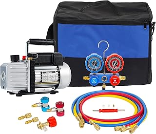4CFM 1/3HP Single Stage Vacuum Pump and 3-Way Manifold Gauge Set for R410A, R22, R134A, R404A Refrigerants with Aluminum Valve Body, Carrying Tote for HVAC A/C Refrigeration Recharging and Maintenance