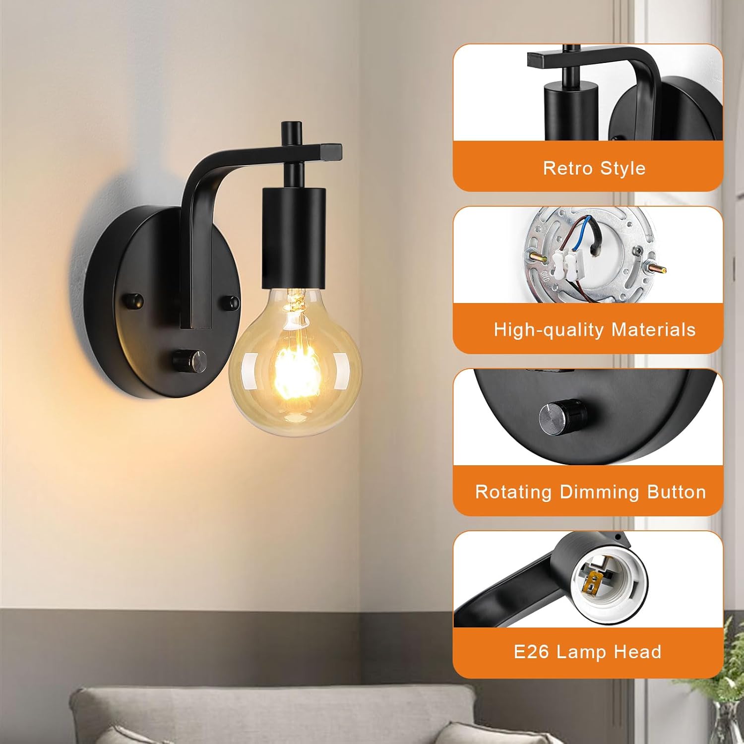 Wall Sconces Set of Two, Wall Light with Switch, Dimmble Black Sconce Lights Indoor, Wall Lights for Bedroom, Bedside Wall Lamps