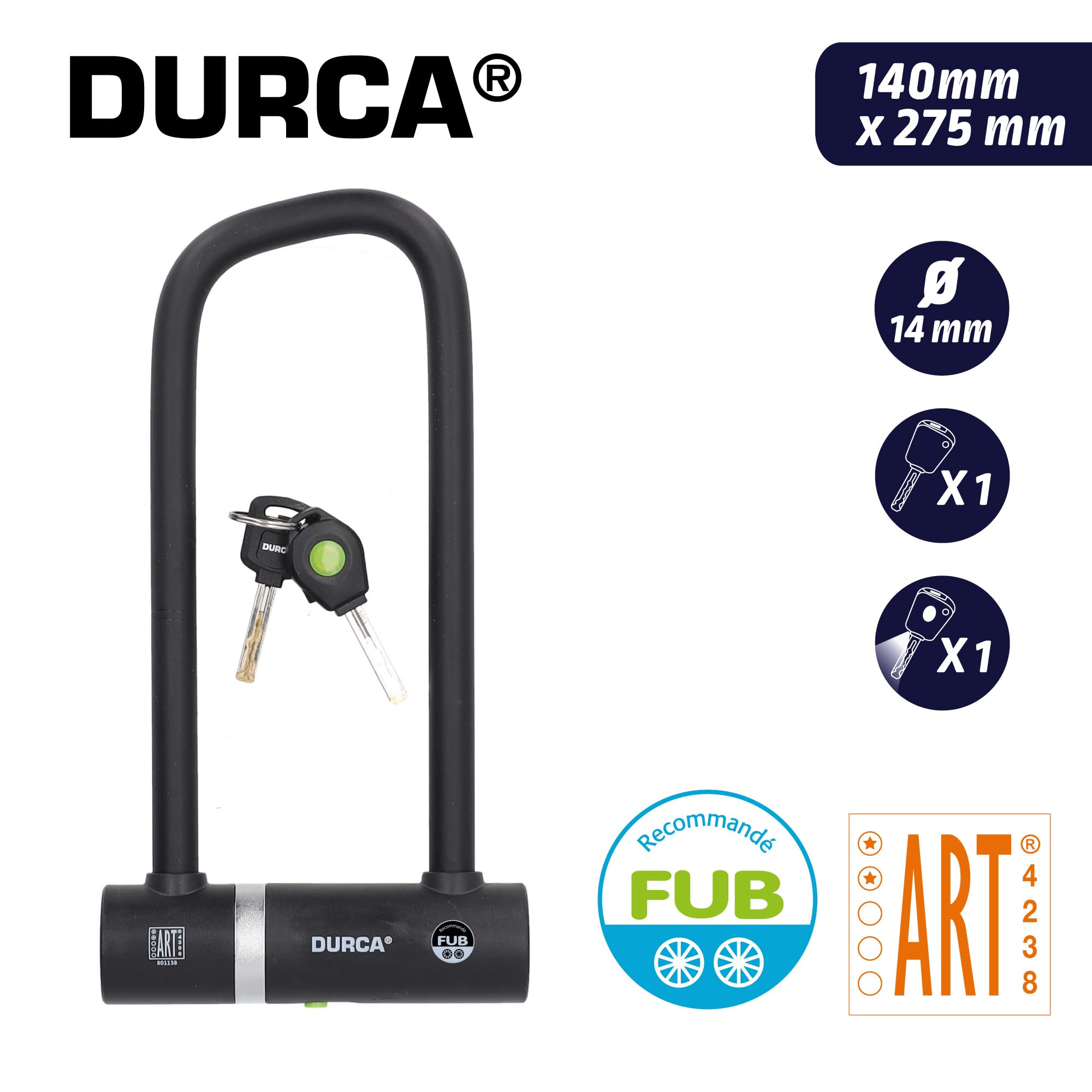Antivol U Vélo 140x275 mm - Acier Trempé 14 mm - Certifié ART2 et Certifié FUB 2 Roues - Clé Lumineuse - Cache Anti-Poussière - Protection Cadre