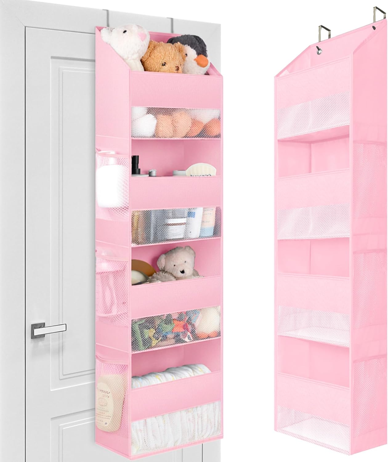 GRANNY SAYS Over The Door Organizer, 6-Shelf Detachable Behind the Door Storage with 8 Pockets, Waterproof Anti Tilt 40lb Large Capacity Hanging Shelf for Nursery, Bedroom, Kids Room, Pink
