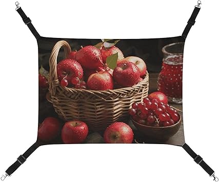 Hanging Pet Hammock, Red Fruit in A Basket Printed Soft Breathable Pet Hammock with Adjustable Straps and Metal Hooks for Cats Small Dogs Rabbits Sugar Gliders