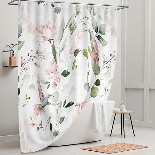 Vista 59 de Tititex Cortina de ducha de lino sintético de 4.94 oz/m², diseño floral azul con hojas doradas con flores, decoración de baño, juego de cortinas