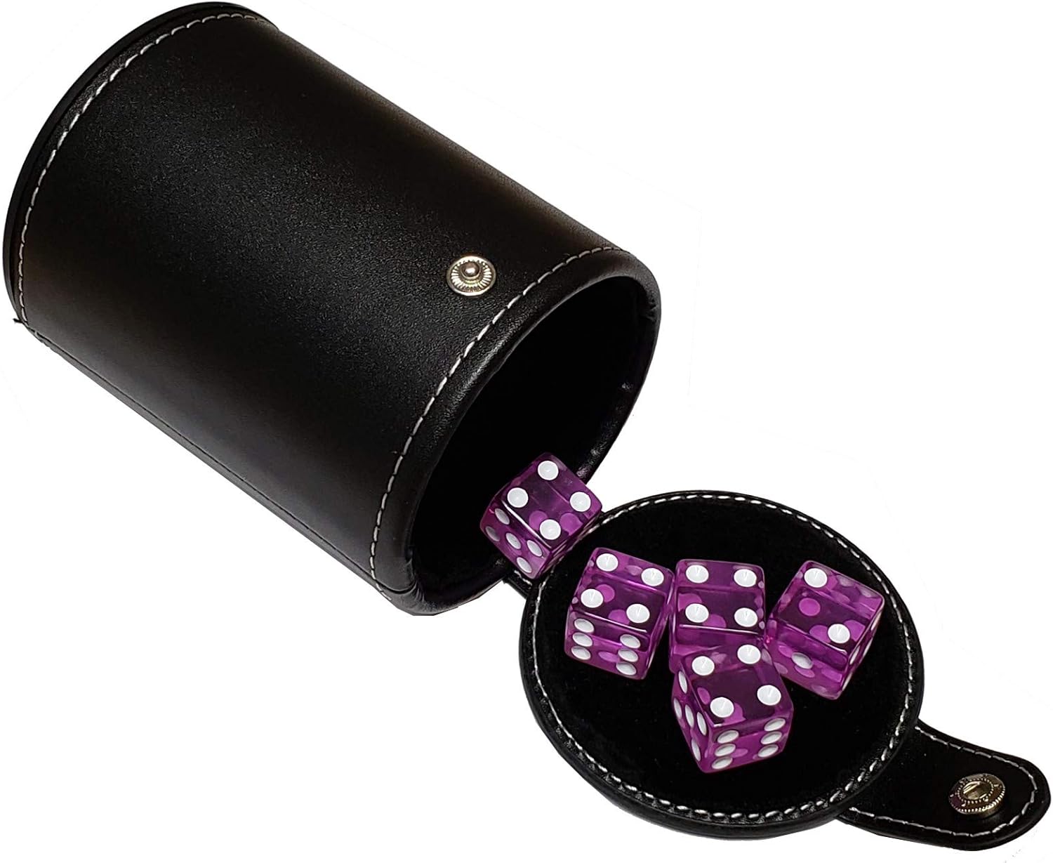 Cyber-Deals Set of 16mm Transparent Dice and Black PU Leather, Black Velvet Lined Dice Cup with Storage Compartment (Gift Boxed) (Orchid)