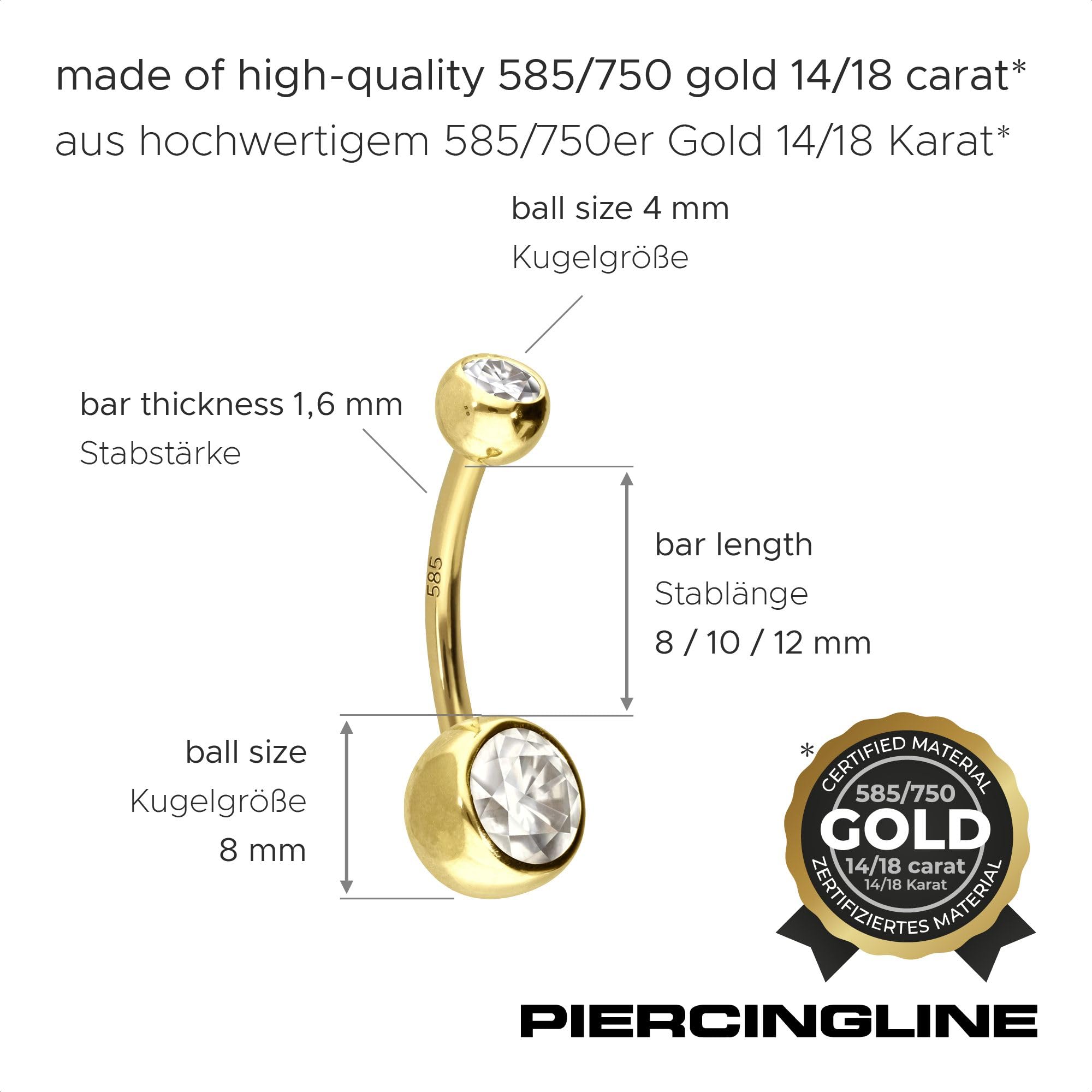 PIERCINGLINE Piercing para el ombligo de oro de 14/18 quilates, oro bananabell 2 MOISSANITE 585, oro de 14 quilates, longitud de la barra: 12 mm