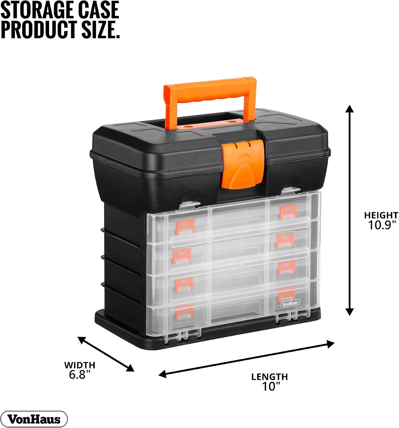 VonHaus Multi-purpose Fishing Tackle Storage Box, Crafts or Tool Organizer - 4 Removable Trays & Adjustable Dividers (10.9 x 10.1 x 6.9 inches - Black/Orange