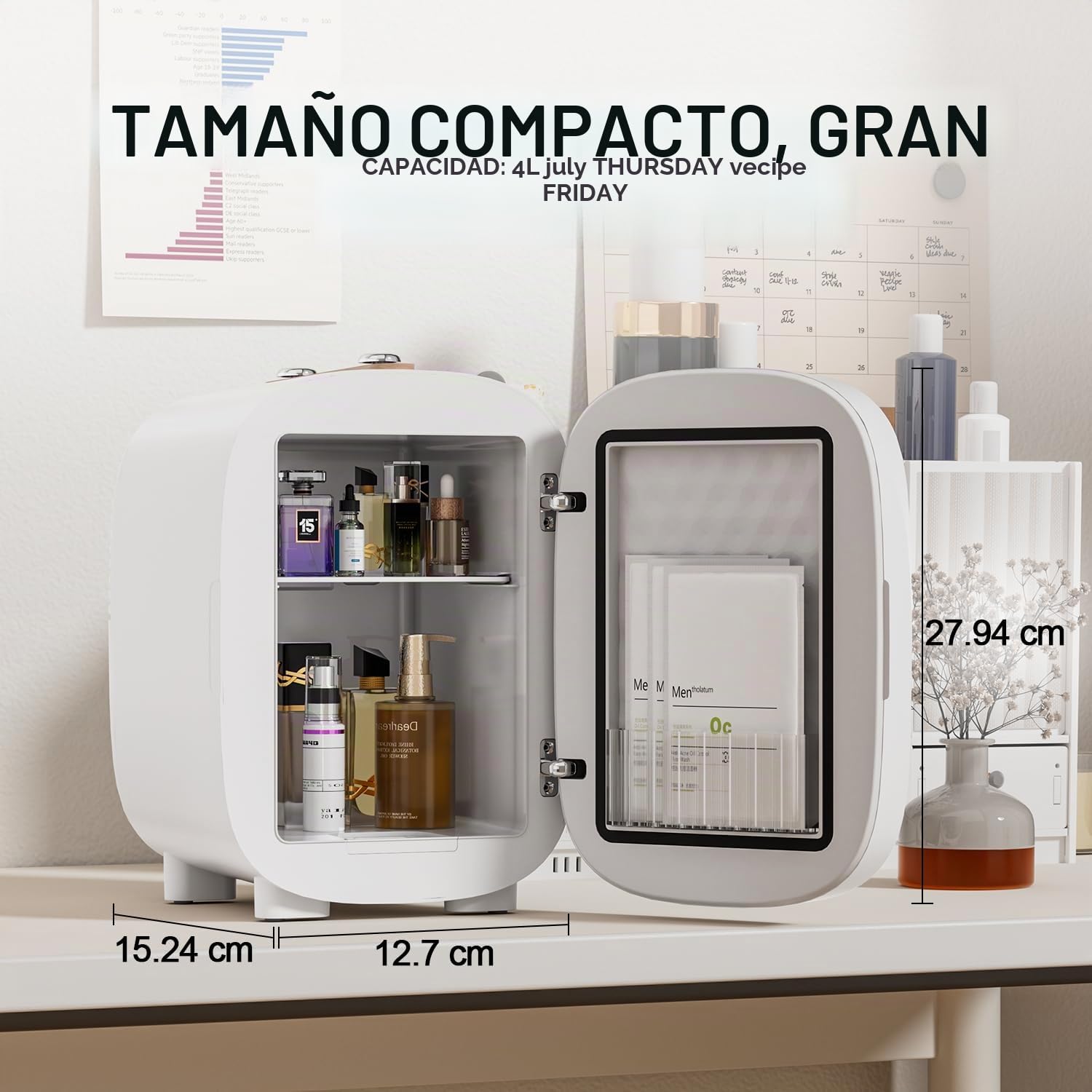 LIGIANT DF01A Skincare Nevera, Nevera Pequeña con Espejo LED, Bajo ruido, Función Frío y Calor, 4L Mini Nevera para Dormitorio, Portátil para Múltiples Usos – Dormitorio, Oficina y Coche