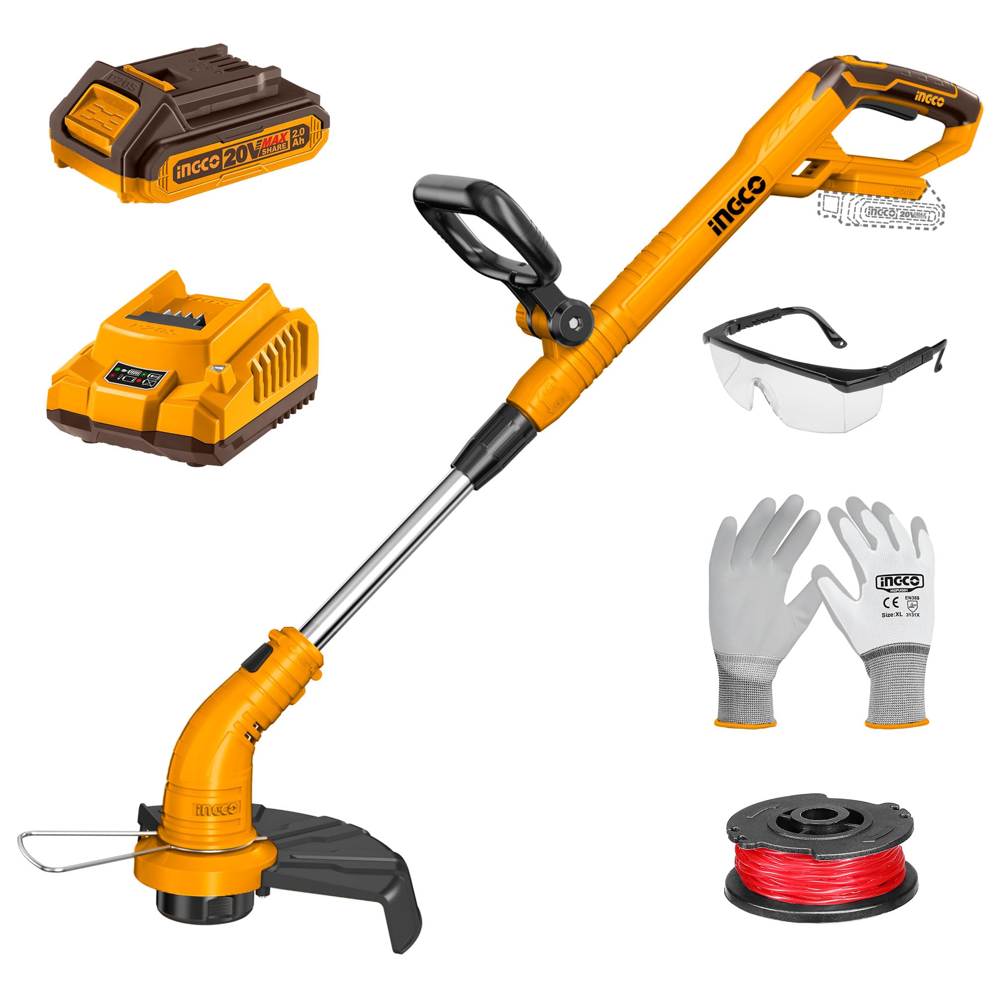 INGCO Cordless Grass Trimmer,Edging Function,No-Load Speed:8200rpm,Cutting Diameter:300mm,with Battery and Charger, with Safety Goggles and Gloves (B0DCZBYGN9) Amazon Price History, Amazon Price Tracker