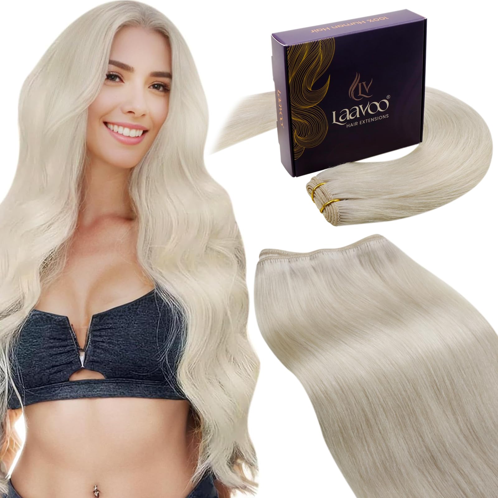 LaaVoo Weft Hair Extensions Real Human Hair Blonde 100g 18 Inch Sew in Hair Extensions Full Head Straight Remy Invisible Double Weft Weave #60