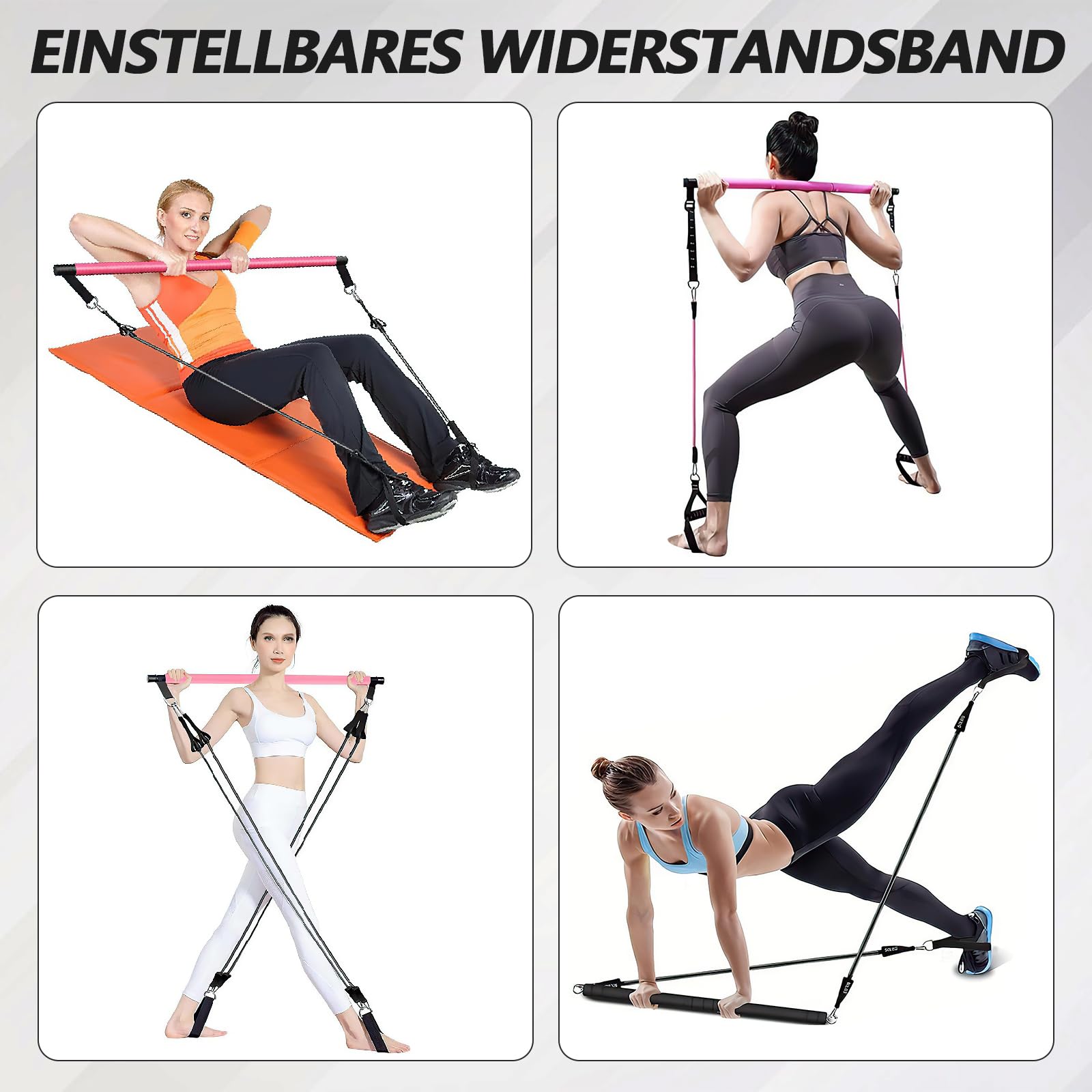 W&H Pilates Bar Set, Komplettpaket für Fitnesstraining mit 6 Widerstandsbändern 13,6/18,2/22,7 kg (30/40/50 LBS), Pilates Bar, Griffe, Türanker, Fußgurte