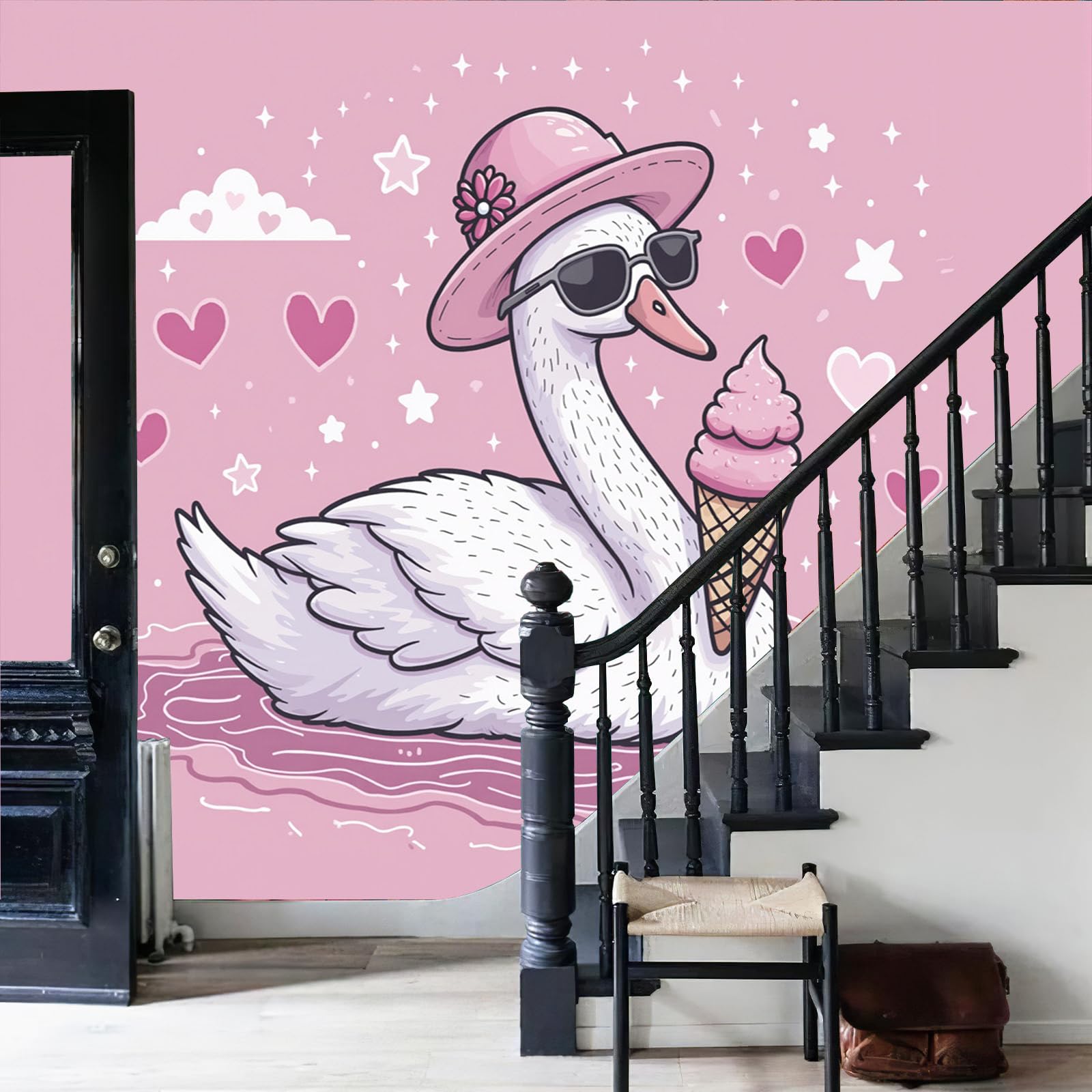 Papier peint cygnes glace pastel pour créer un fond de canapé chaleureux