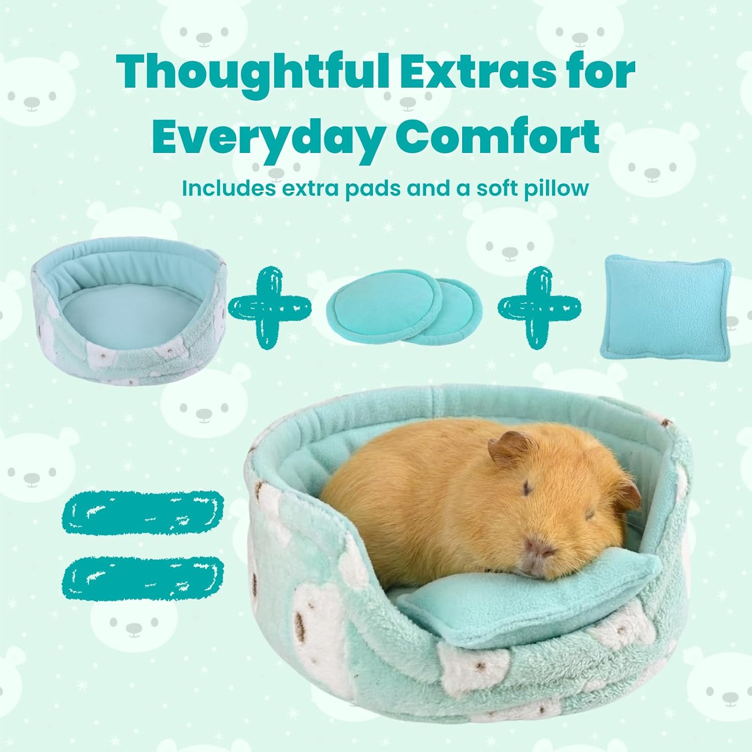 Guinea Pig Couch Bed, Plush Sofa with 2 Washable Mats & Pillow | Soft plush sofa bed. Includes 2 washable mats & pillow. Half-enclosed design creates a cozy resting space for guinea pigs.