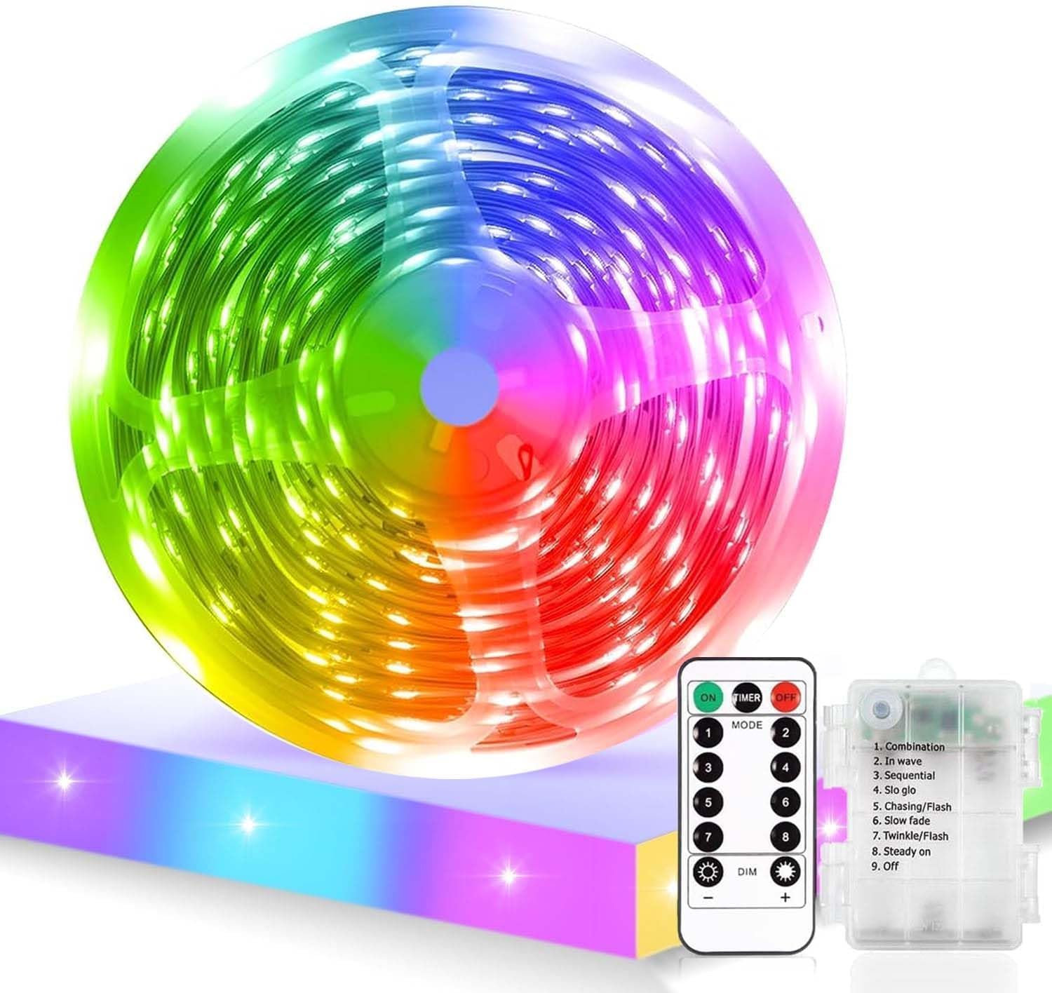 ZeiLaBang Kakadi 3 m LED Strip Battery Operated, LED Strip Battery, 8 Modes Self-Adhesive Light Strips, LED Light Strip Battery with Timer for Cabinets, Stairs, Kitchen, Beds