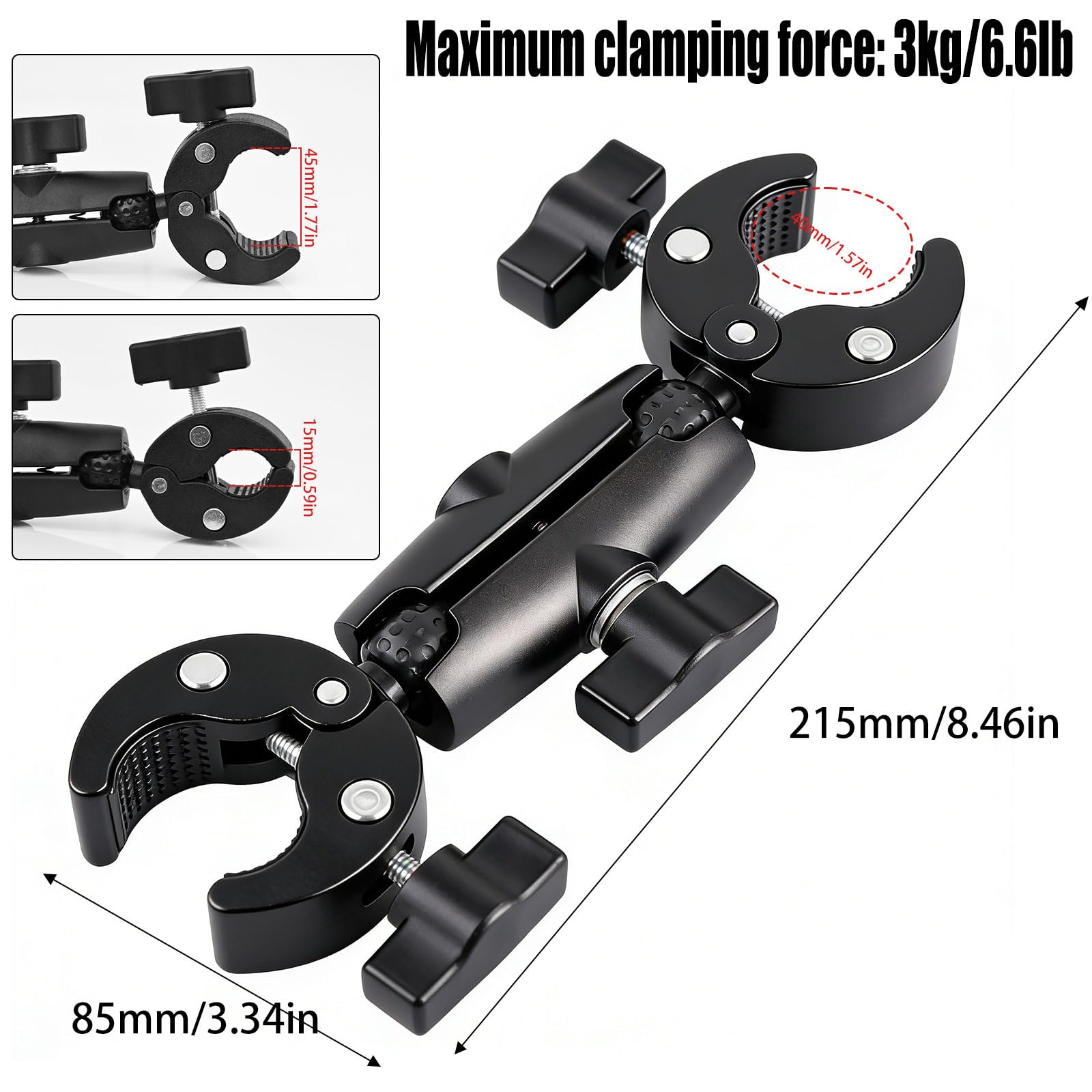 Supporto a doppio morsetto per ombrello e asta della fotocamera, universale, per sedia a rotelle, deambulatore, passeggino, scrivania e accessori fotografici, girevole a 360°, con braccio Magic Socket