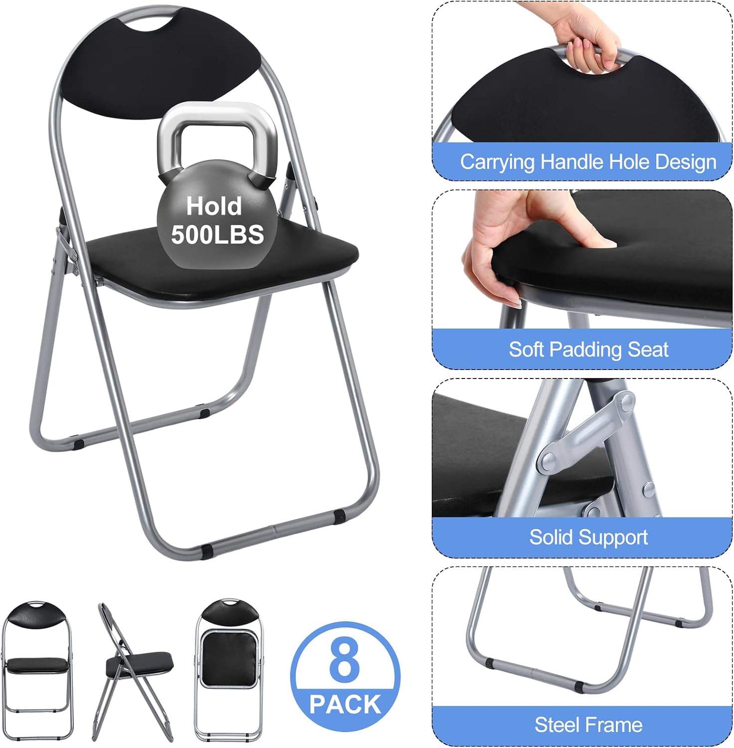BBTO 8 Packs Folding Chairs, Padded Folding Chair, Black Metal Foldable Folding Chairs Portable Stackable Commercial Seat with Steel Frame for Outside Events Office Wedding Party Picnic Kitchen