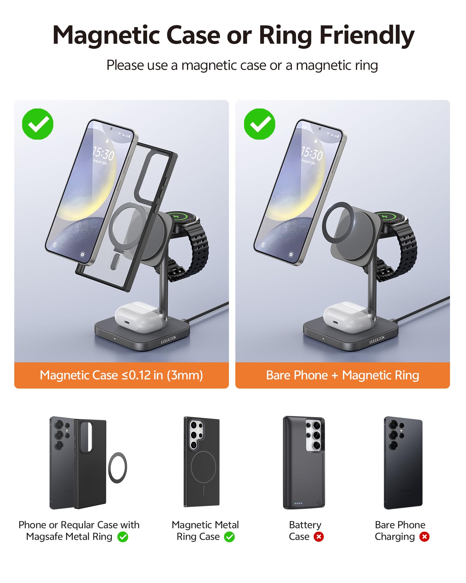 LULULOOK Estación de Carga para Samsung,3 en 1 Cargador rápida de 15W Inalámbrico de Aluminio para Galaxy S25 Ultra S24,S23 S22,Note,Z Fold 7,Flip,Cargador de 5W para Galaxy Watch Ultra/7/6/5/4/Buds