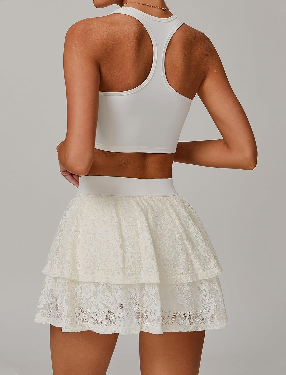 ABOCIW Womens 2 Piece Tennis Skirts Sets Racerback Workout Crop Tank Layer Lace High Waisted Mini Skirts Outfit