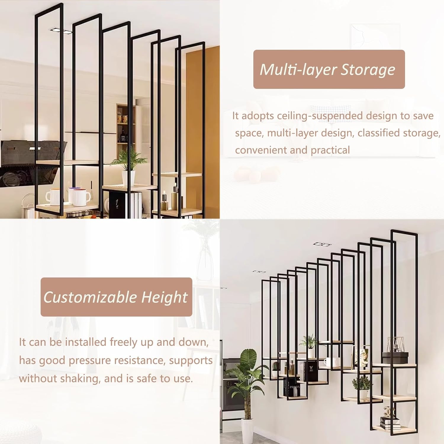 2-Tier Floating Ceiling Shelves - Wooden Wall Mounted Storage Rack with Black Metal Frame for Home, Office, Kitchen Organization (Size: 30x30x85cm)