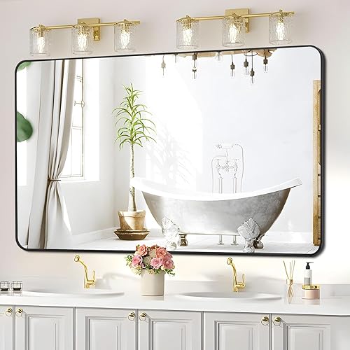 Miniatura 3 de FORBATH Espejo de baño de 30 x 60 pulgadas, espejo de pared rectangular grande, marco de metal negro, espejo de pared de esquina redondeada para