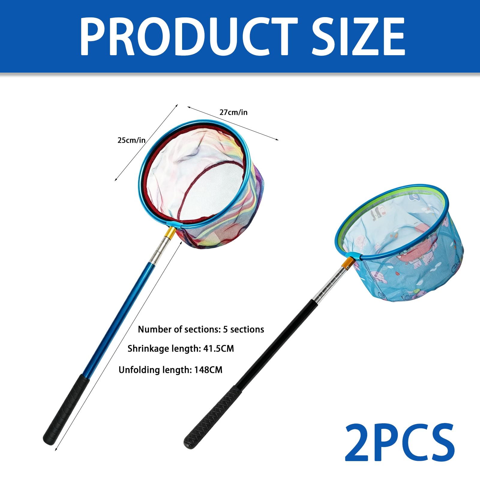 2 retini telescopici per bambini, 41,5 – 148 cm, retino da pesca per bambini, retino da pesca, rete a farfalla, retino da pesca, insetti, pesca, spiaggia, stagno, giardino, piscina