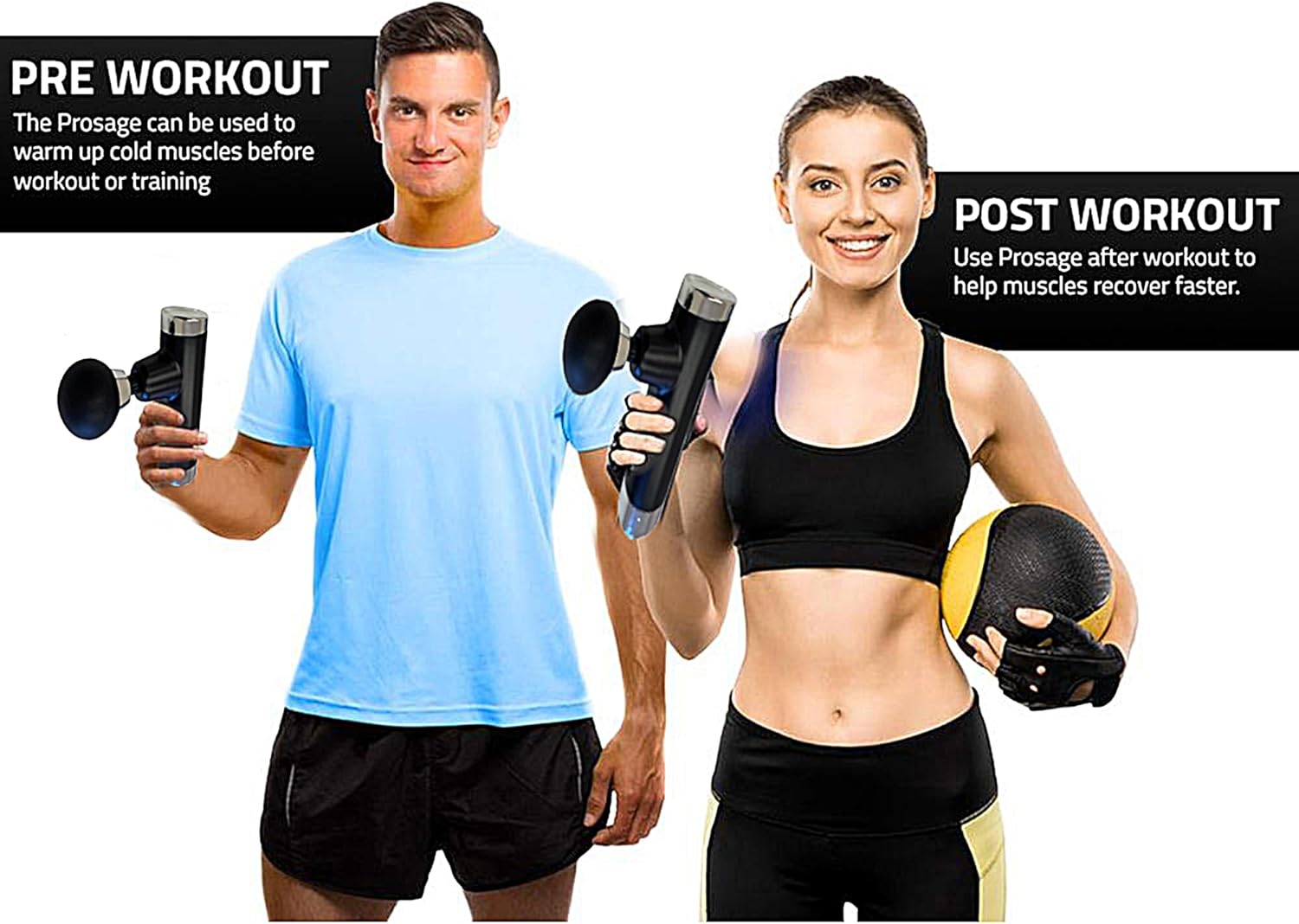 Man and woman demonstrating pre and post workout use of the massage gun