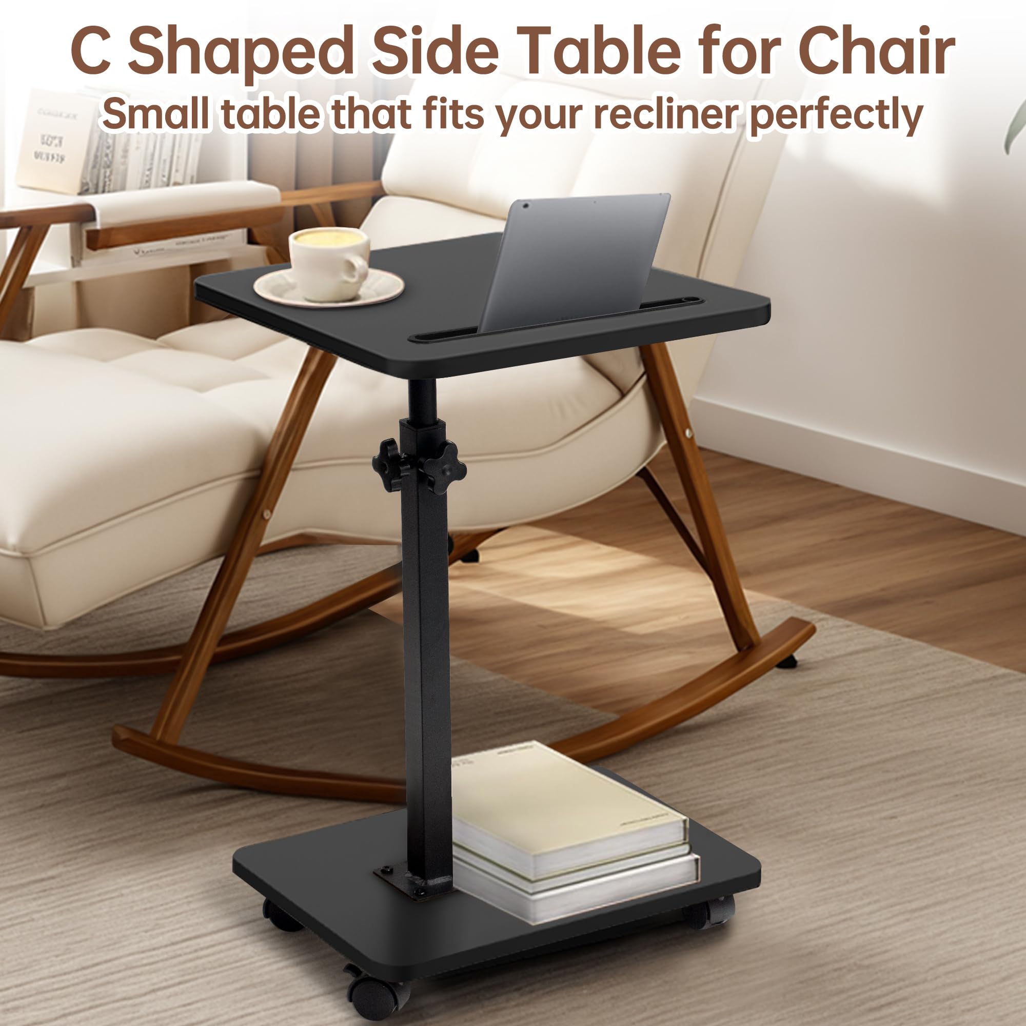 Mesa auxiliar en forma de C con ruedas, mesa auxiliar giratoria de 360° de altura ajustable, bandeja de TV, mesa de sala de estar, dormitorio, bandeja de brazo para cama, silla con ranura