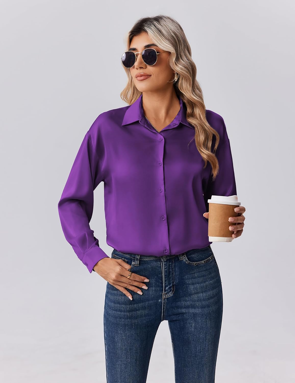 Zeagoo Womens Tops Long Sleeve Satin Silk Button Down Shirts Casual Business Dressy Blouses Fall Clothes - Image 5
