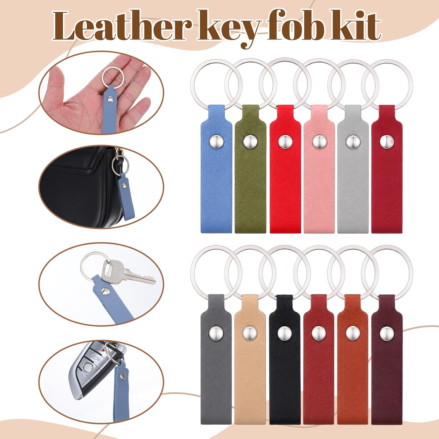 120 Pcs PU Leather Keychain Blanks Bulk with Key Rings, 3.7 x 0.7 Inches