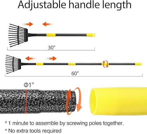 Miniatura 4 de Rastrillo de hojas para jardinería, rastrillo de jardín de metal ajustable para hojas, mango largo de 30 a 60 pulgadas, 11 dientes de 9 pulgadas de