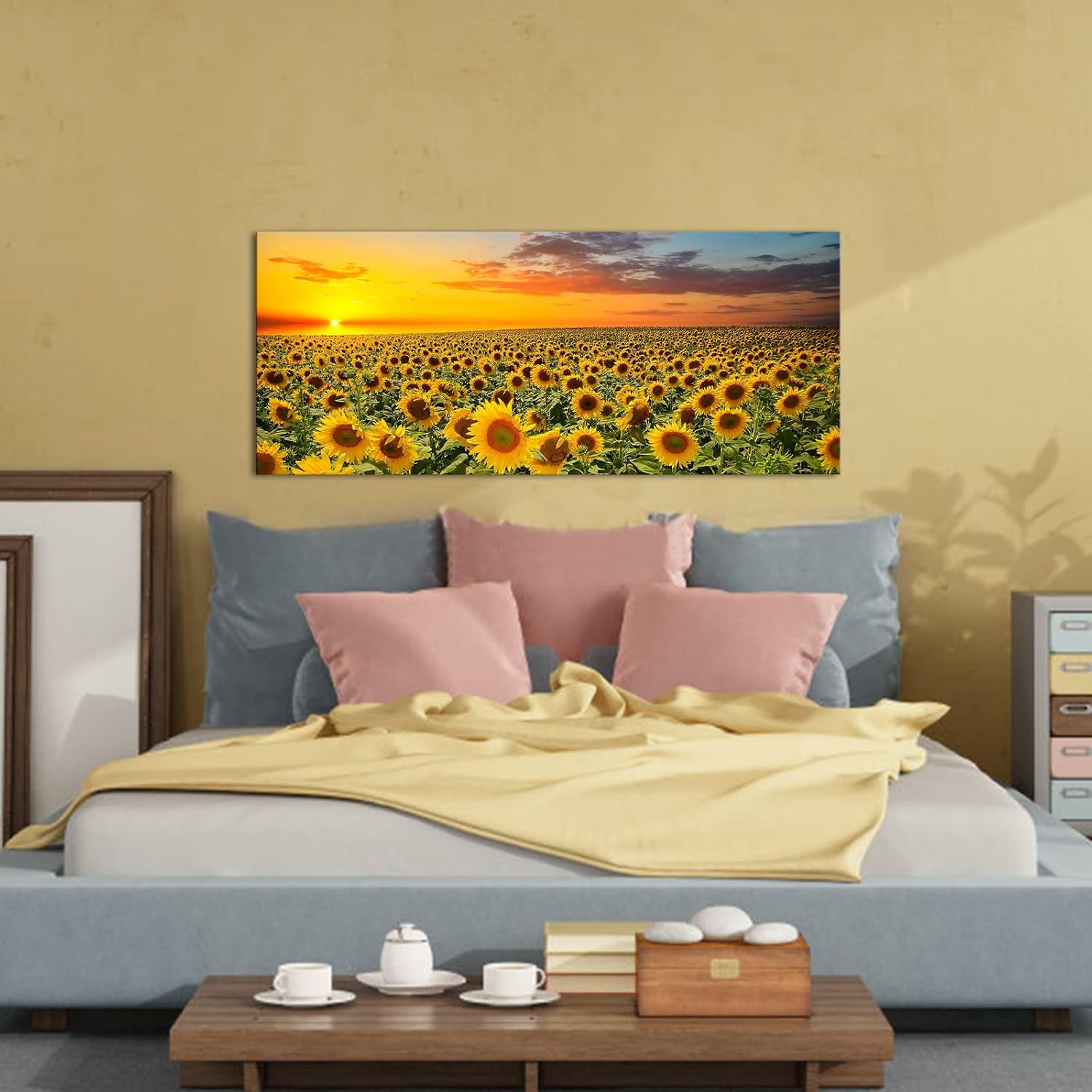 Sunflower Canvas Wall Art Brilliant Sunflower with Sunset Landscape Picture Painting Printed on Canvas Framed and Stretched Floral Wall Decor for Home Living Room Bedroom Office Kitchen Wall Decoration 20"x48" Ready to Hang