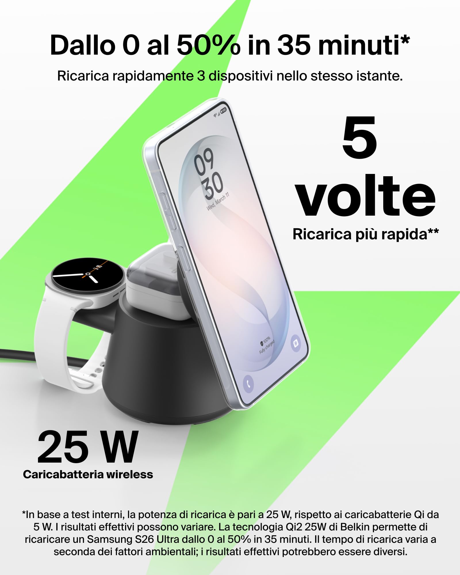 Belkin UltraCharge Caricatore Wireless Magnetico 3 in 1 Qi2.2 25W con Porta USBC, Stazione di Ricarica per Samsung Galaxy S26, Galaxy Watch, Pixel 10, Pixel Watch, Apple Watch, con Alimentatore 45W