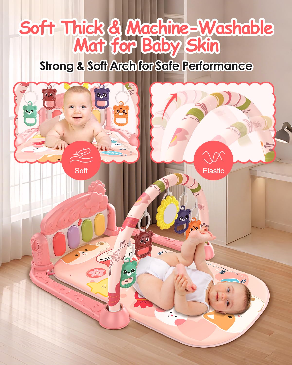 dearlomum Baby Play Gym Mat with 4-Key Musical Piano, Lights, Sounds & Hanging Toys for Tummy Time and Sensory Development, Infants to Toddlers (Pink Animal Theme)