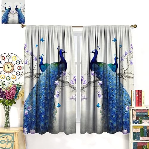 Miniatura 237 de Cortina opaca con estampado de pavo real, con estampado de animales retro, con bolsillo para cortinero y flores de peonía doradas, para dormitorio,