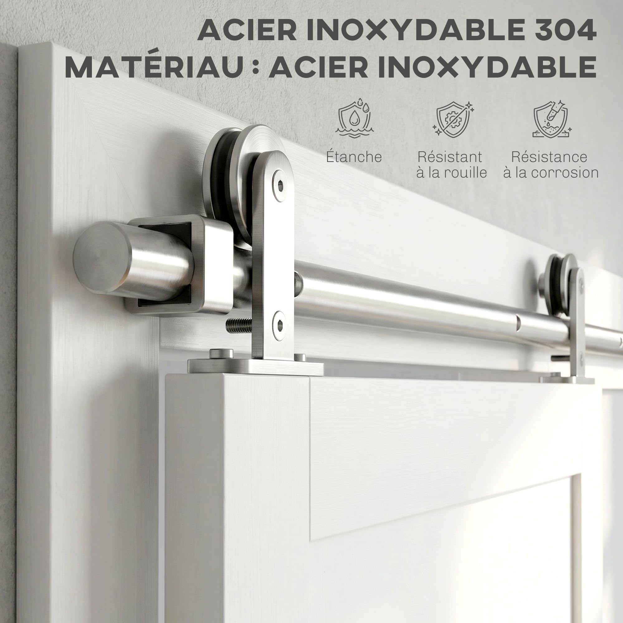 HOMCOM 152cm Quincaillerie Porte Coulissante de Grange, Rail Porte Coulissante de 76 cm de Large, Épaisseur 30 mm, Charge 80 kg, Robuste en Acier Inoxydable 304, Argenté | Rail Porte Coulissante 76 cm de Large, Épaisseur 30 mm, Charge 80 kg, Acier Inoxyda