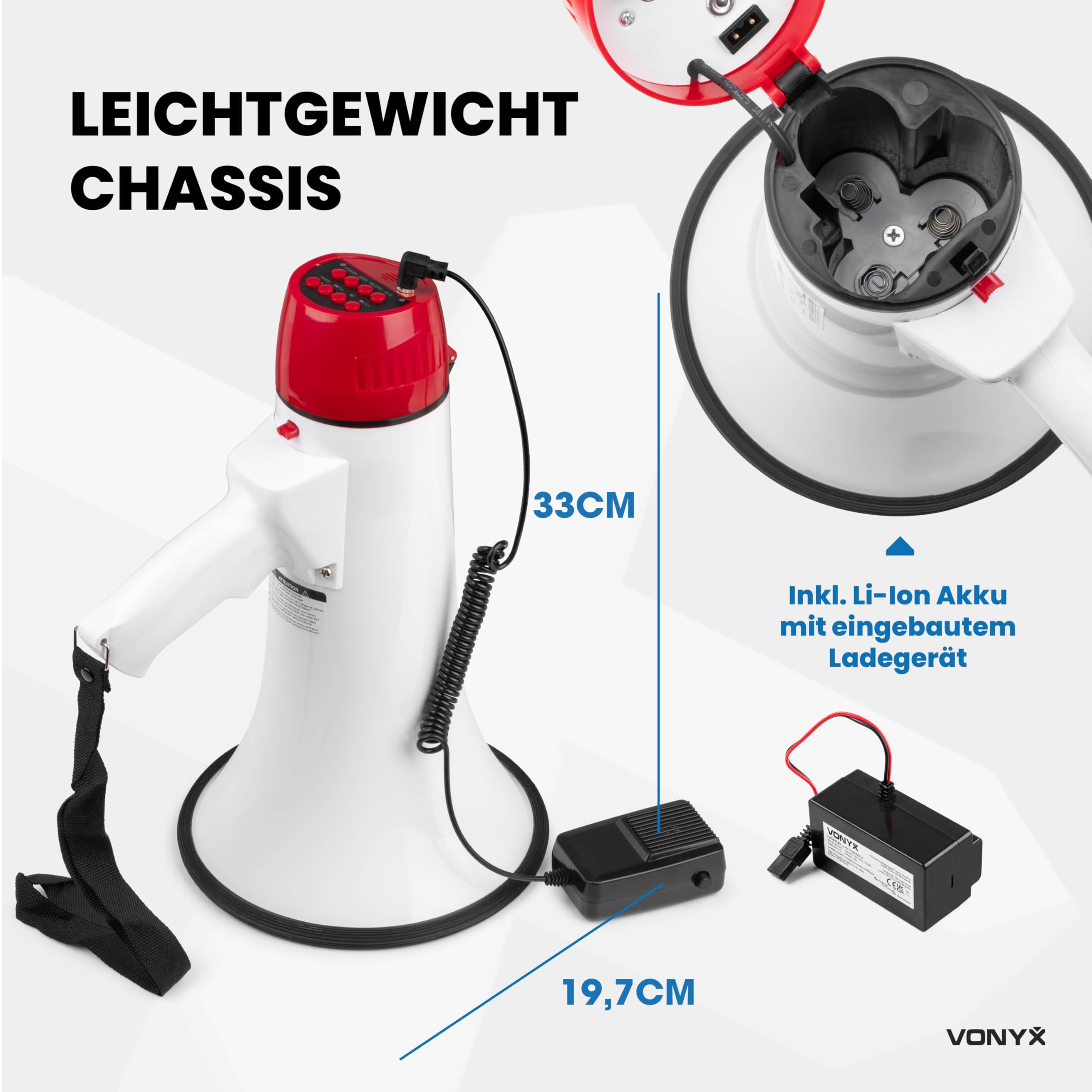 Vonyx MEG045 - Akku Megaphone mit Sirene und Mikrofon, inkl. 2X Akkus, Bluetooth, Aufnahmefunktion, 45 Watt Megafon, bis 1000 Meter Reichweite, Megaphon mit Umhänge-Gurt, MP3, USB, SD, Weiß/Rot
