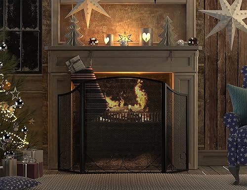 Miniatura 7 de Lizh Metalwork - Pantalla de chimenea de hierro forjado de 3 paneles, 48 pulgadas de largo x 29 pulgadas de alto, protector de chispas con diseño de
