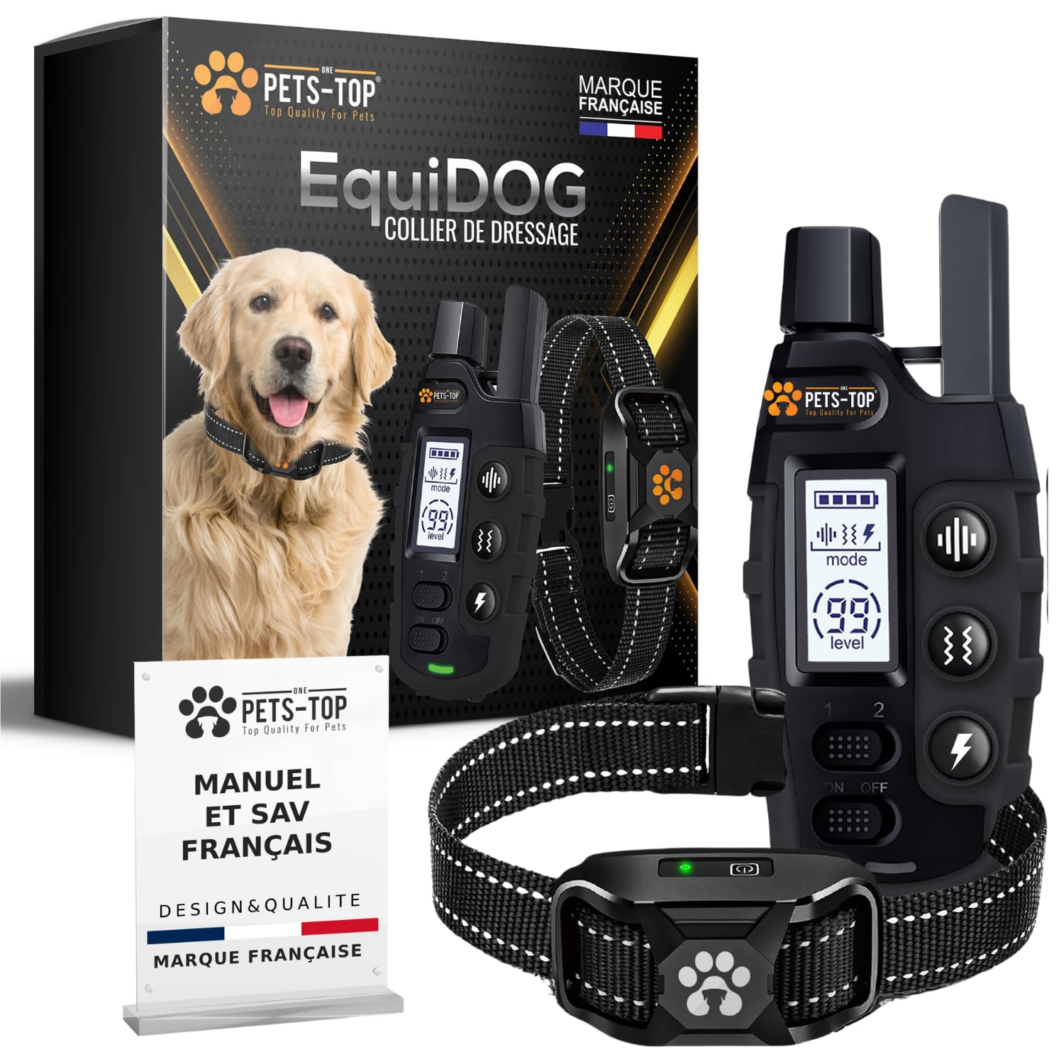 Collier de dressage One PETS-TOP étanche IPX7 avec télécommande pour grand et petit chien