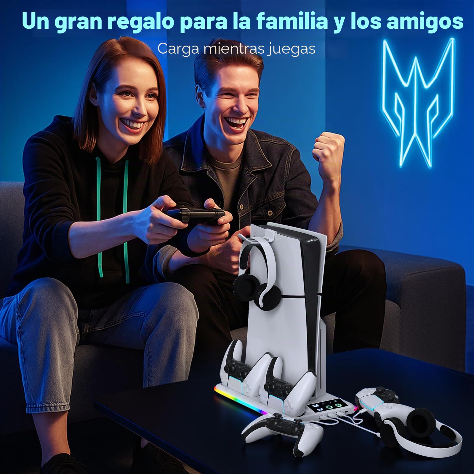 Soporte para PS5/Slim/Pro con Cargador Mando, Ventilador PS5 de 3 Velocidades, Luz LED RGB, Soporte PlayStation 5 Vertical con 3 Puertos USB, Soportes Compatible con Consola PlayStation 5
