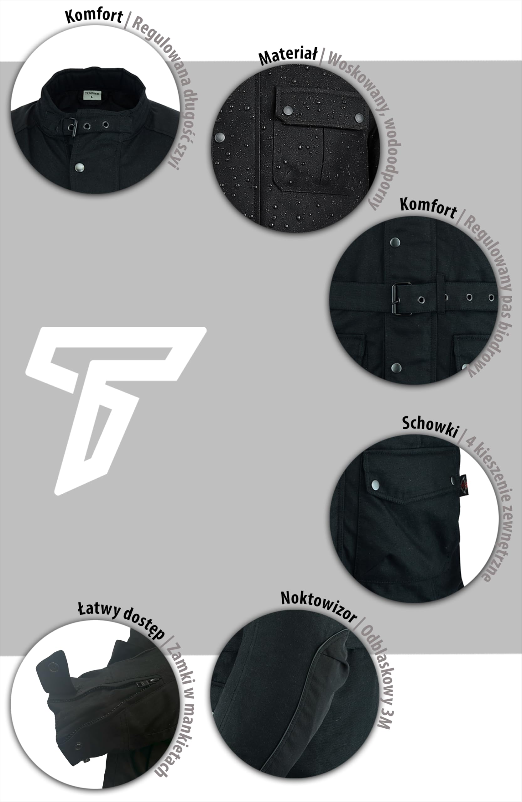 Texpeed Wodoodporna, woskowana męska kurtka motocyklowa Cordura z czarną zbroją (EN 1621-1) - (XL)
