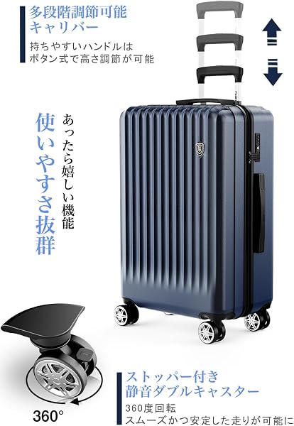 [New Trip] スーツケース キャリーケース ストッパー付き 機内持ち込み 軽量 大型 S/M/Lサイズ キャリーバッグ 耐衝撃 大容量 ファスナータイプ 静音 ダブルキャスター TSAロック 海外 旅行 ビジネス 出張 (ブルー、Mサイズ /4～7泊 /60L) - 3