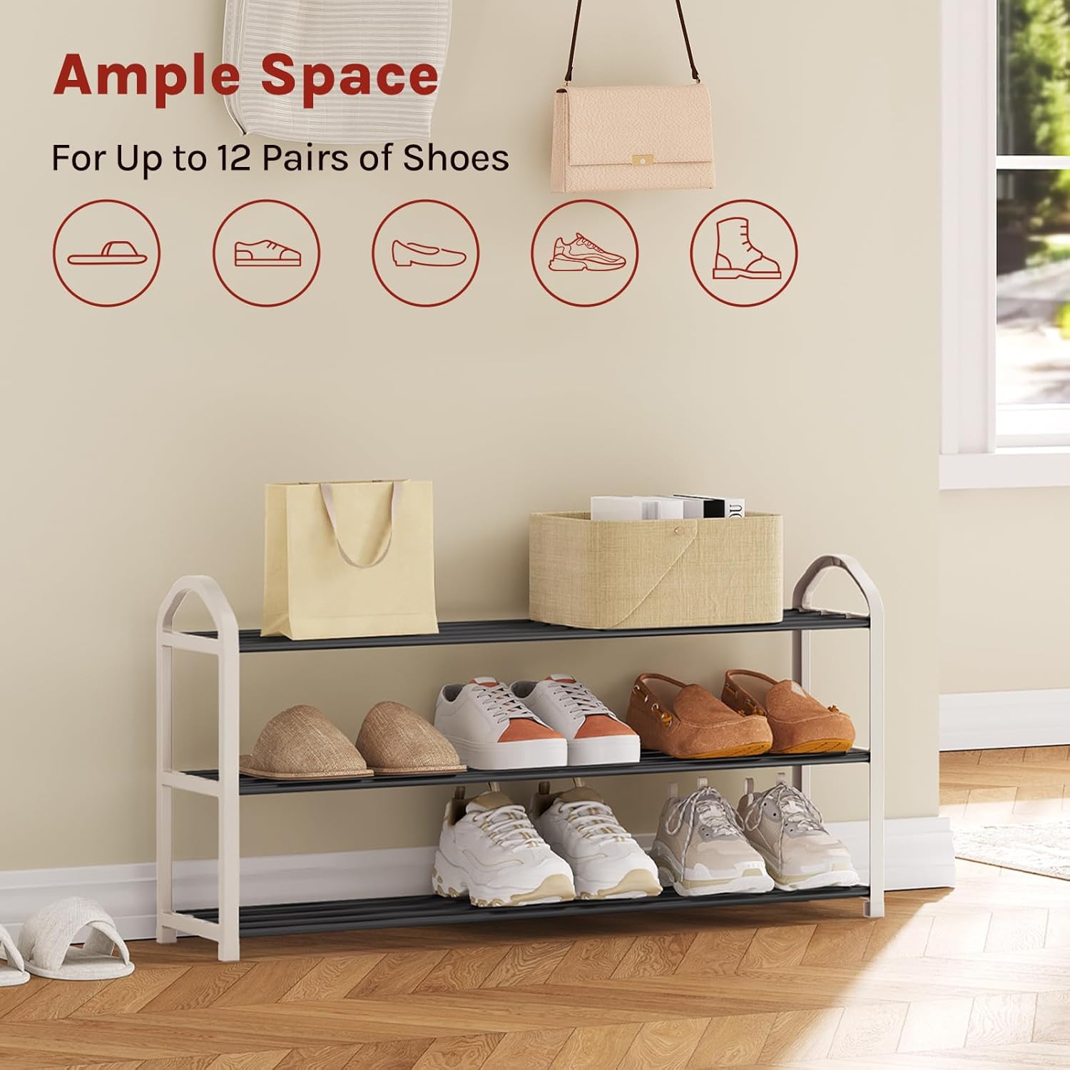 WOLTU 3-Tier Shoe Rack displaying ample space for up to 12 pairs of shoes
