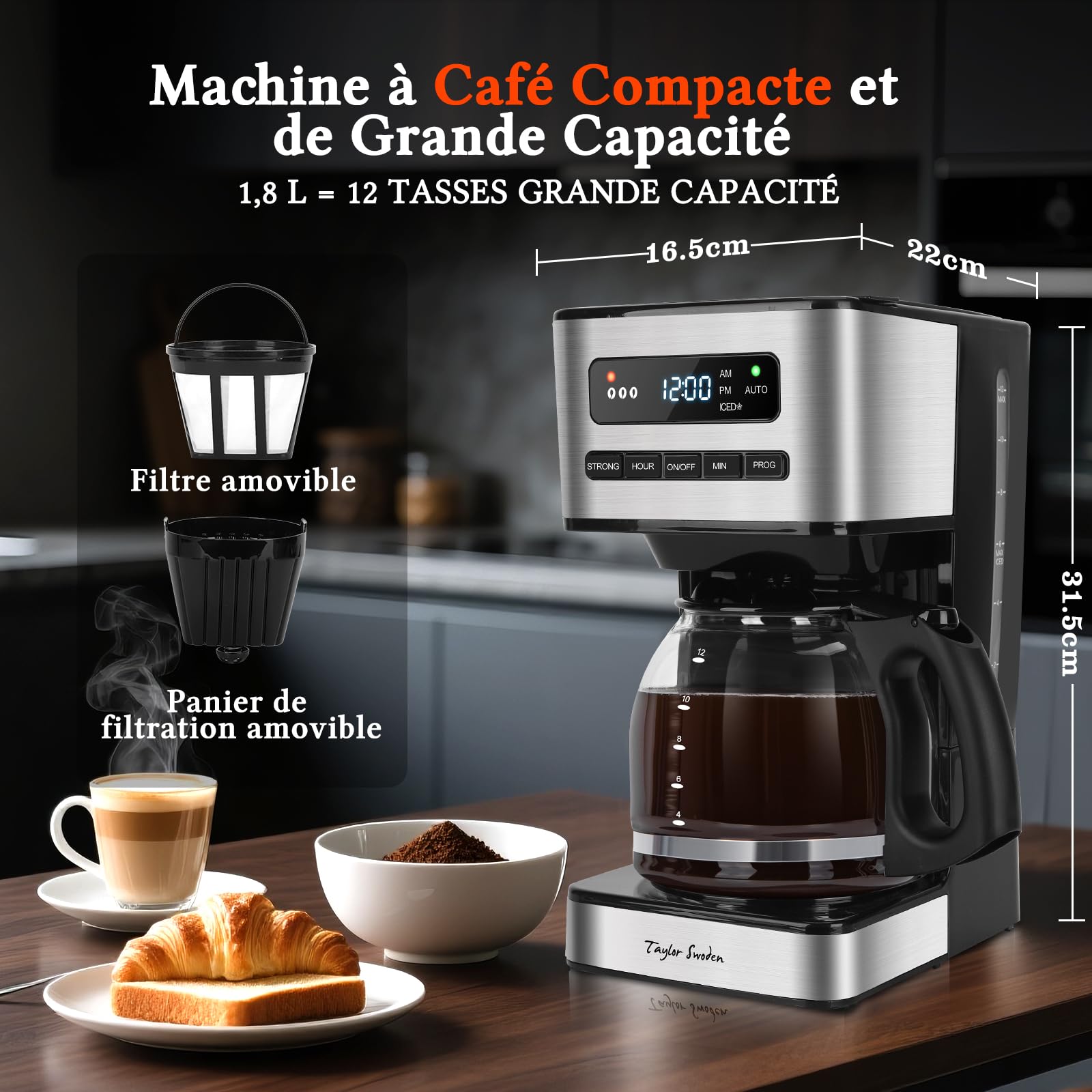 Taylor Swoden Cafetiere filtre 1.8L (12-15 Tasses) - Programmable 24H, 3 Niveaux Concentration + Café Glacé, Autonettoyage, Anti-Goutte, Maintien au chaud & Arrêt Auto 40Min, Filtre Amovible,écran LED