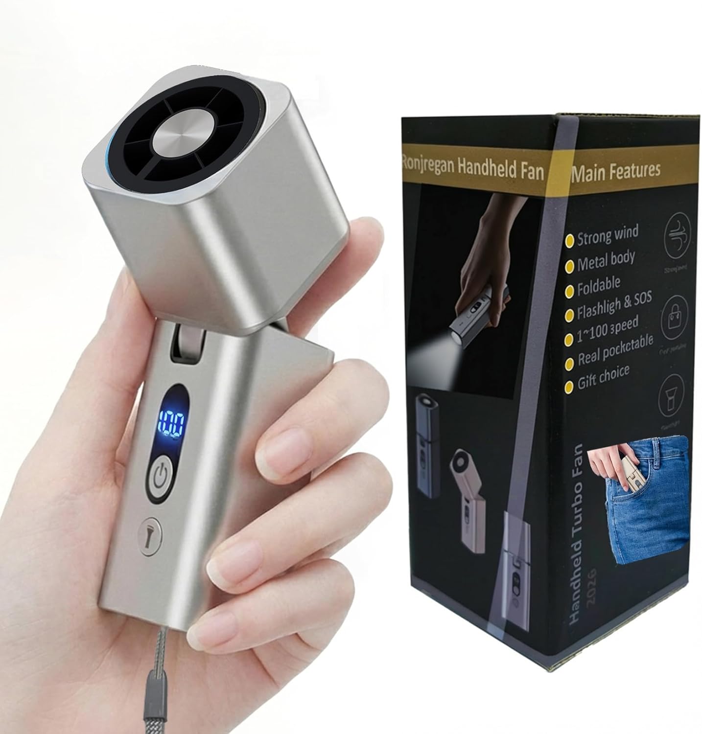 Metal Portable Mini handheld fan 1-100 speed 15000PRM,Rechargeable Pocket Personal handheld turbo fan 5000mAh with flashlight,Small hand held face fan for Travel Camping Beach,Gifts for Women (Silver)