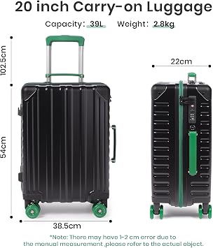 20 Inch Carry on Suitcase, Super Lightweight PC Hard Shell Small Cabin Suitcase with TSA Lock & 4 Wheels, Black Carry on for Men