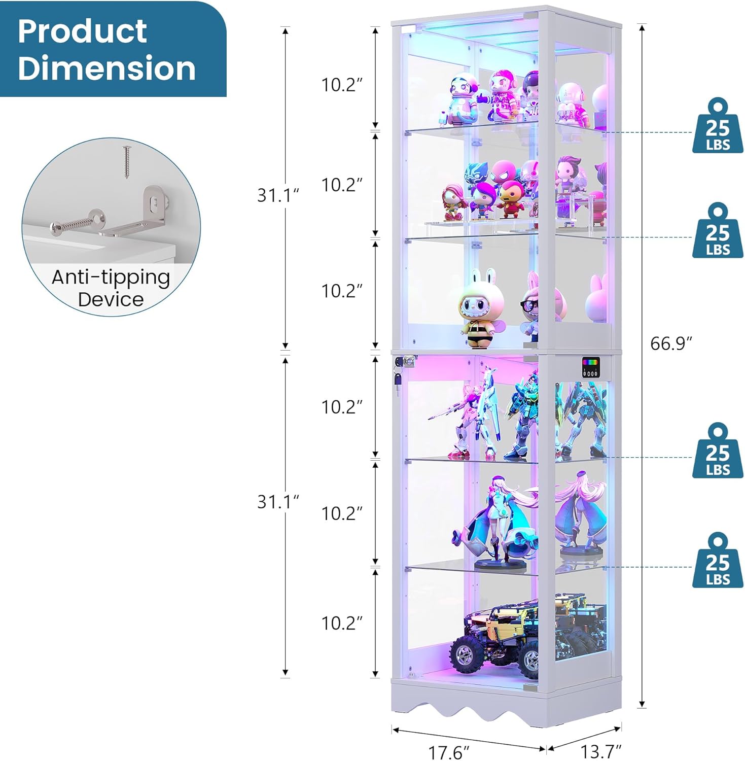 HWB Display Cabinet with Glass Doors - 6 Tier Curio Cabinet with RGB Lights for Collectibles, LED Glass Display Case with Adjustable Shelves
