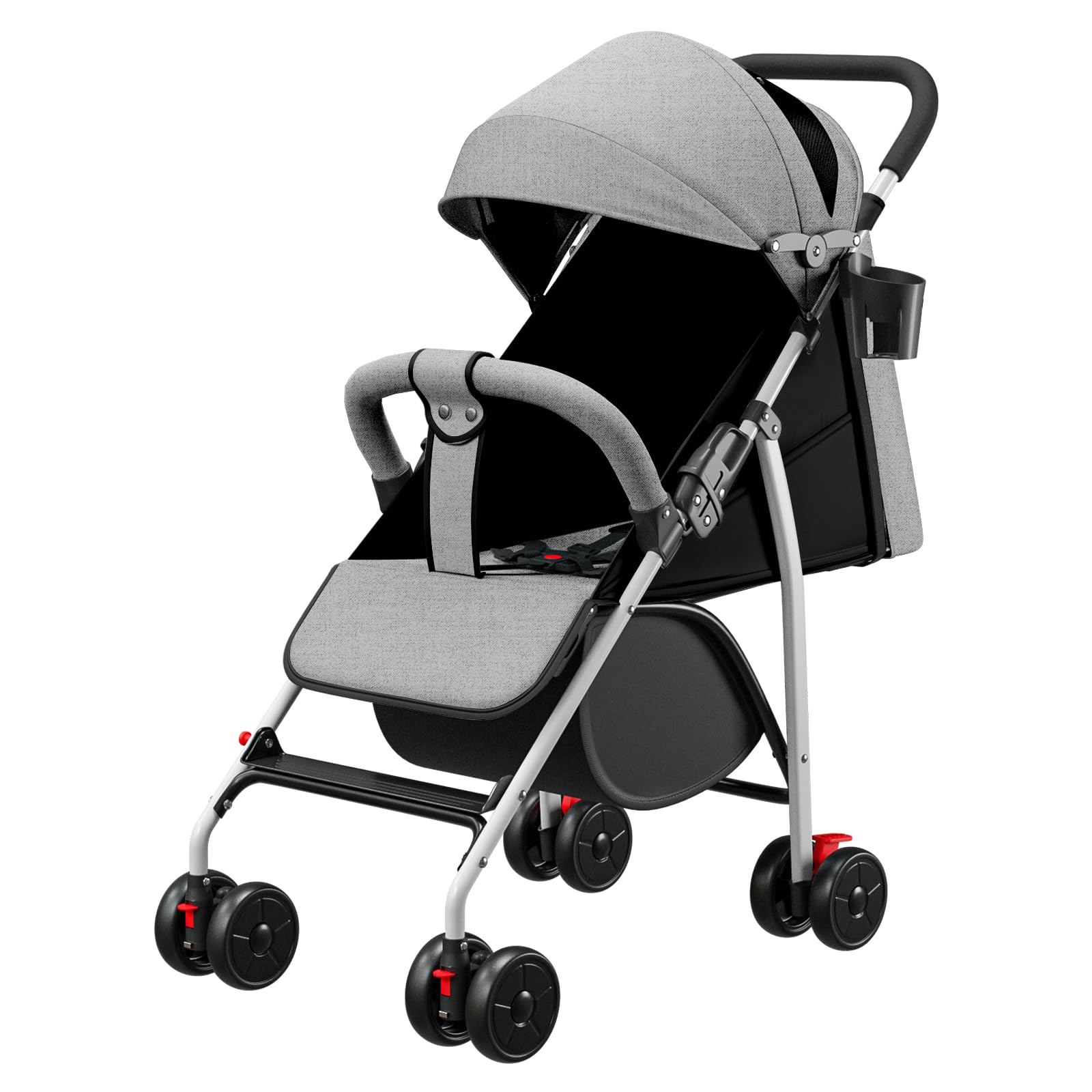 poussette canne compacte, 0 à 4 ans (30kg max), légère (4,8 kg), poussette canne bebe confort,pliable compacte et inclinable,avec coton, porte-gobelet, pare-soleil (Gris)