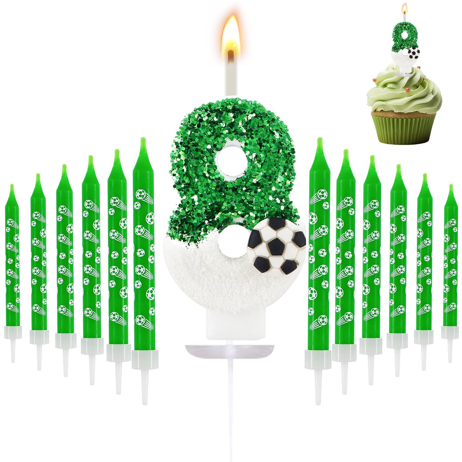 13 Stuck Kerze 8 Geburtstag Junge,3D Fußball Grüne Geburtstagskerzen fussball geburtstag deko Fußball Geburtstagskerzen Zahlen 8.geburtstag Junge,für Kinder, Jungen & Mädchen - Jubiläumsparty